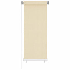 A cream outdoor roller blind with a visible cord mechanism on the left.