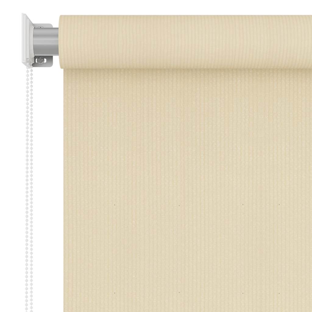 Cream outdoor roller blind made of HDPE, sized 23.6x55.1 inches, mounted on a bracket with pull cord.