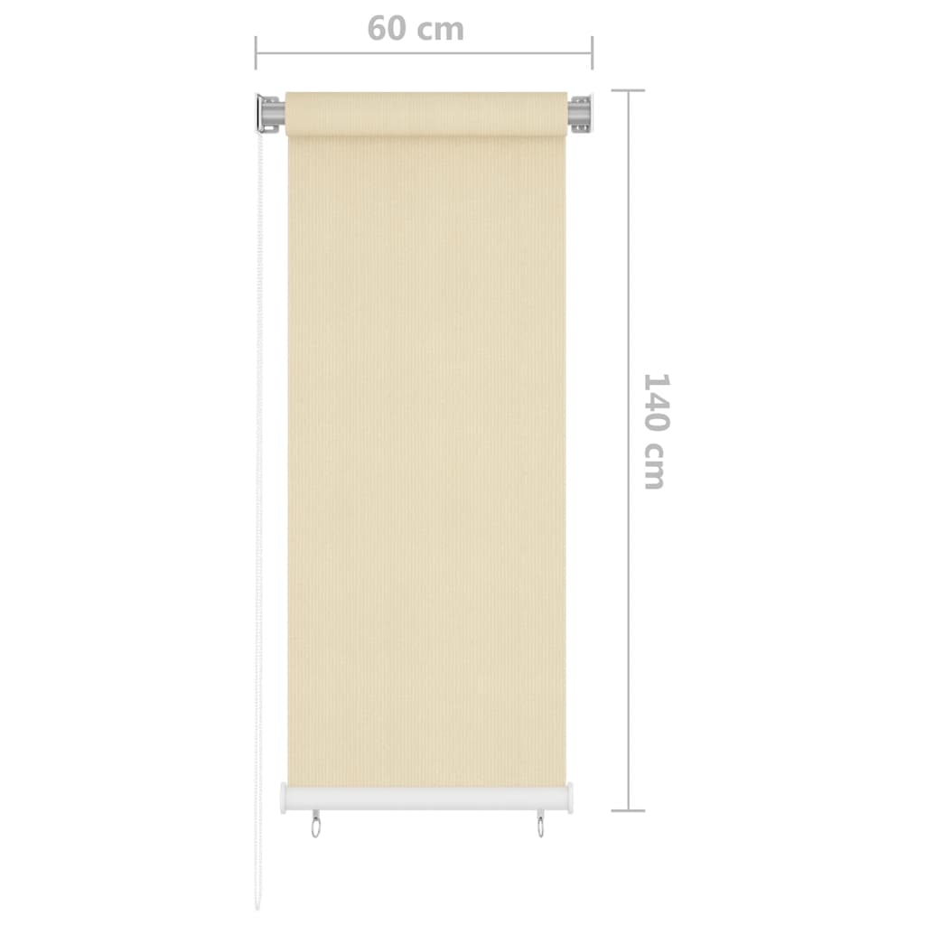 Cream outdoor roller blind, 60 cm wide and 140 cm long, with a pull chain.
