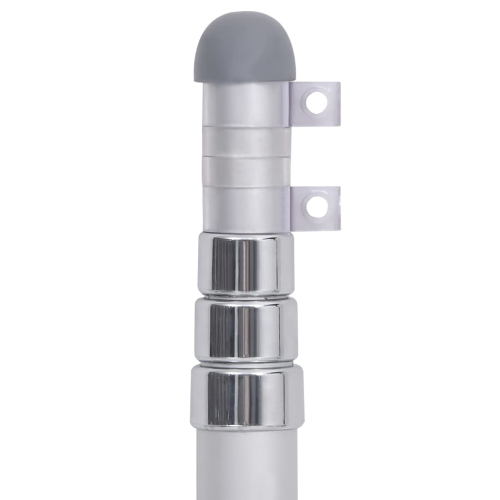 Silver 13.1-foot telescopic aluminum flagpole with gray cap and mounting clips.