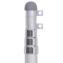 Silver 13.1-foot telescopic aluminum flagpole with gray cap and mounting clips.