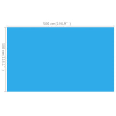 Blue rectangular solar pool cover, 196.9x118.1in, made of PE material.