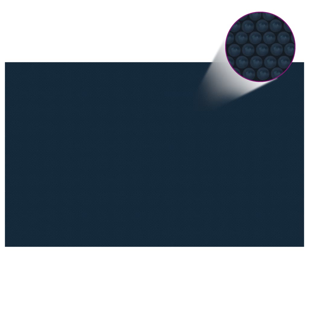 Black and blue floating solar pool film, 102.4x63 inches, with air-filled bubbles for heat retention.