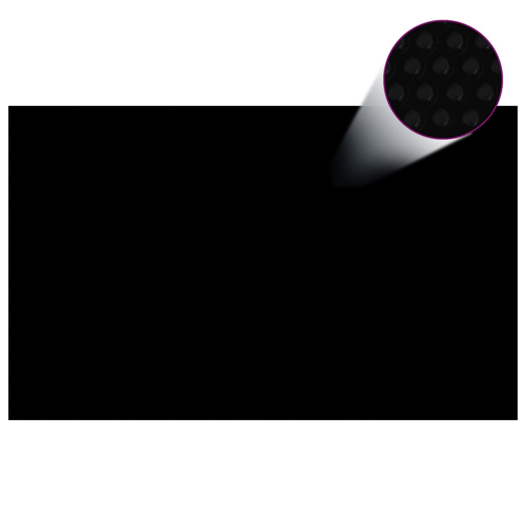 Black and blue floating solar pool film, 102.4 x 63 inches, with air-filled bubbles for insulation.