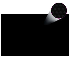Black and blue floating solar pool film, 102.4 x 63 inches, with air-filled bubbles for insulation.