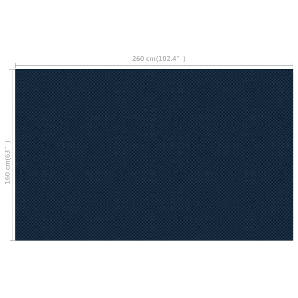 Black and blue floating solar pool film measuring 102.4 x 63 inches for heat retention.
