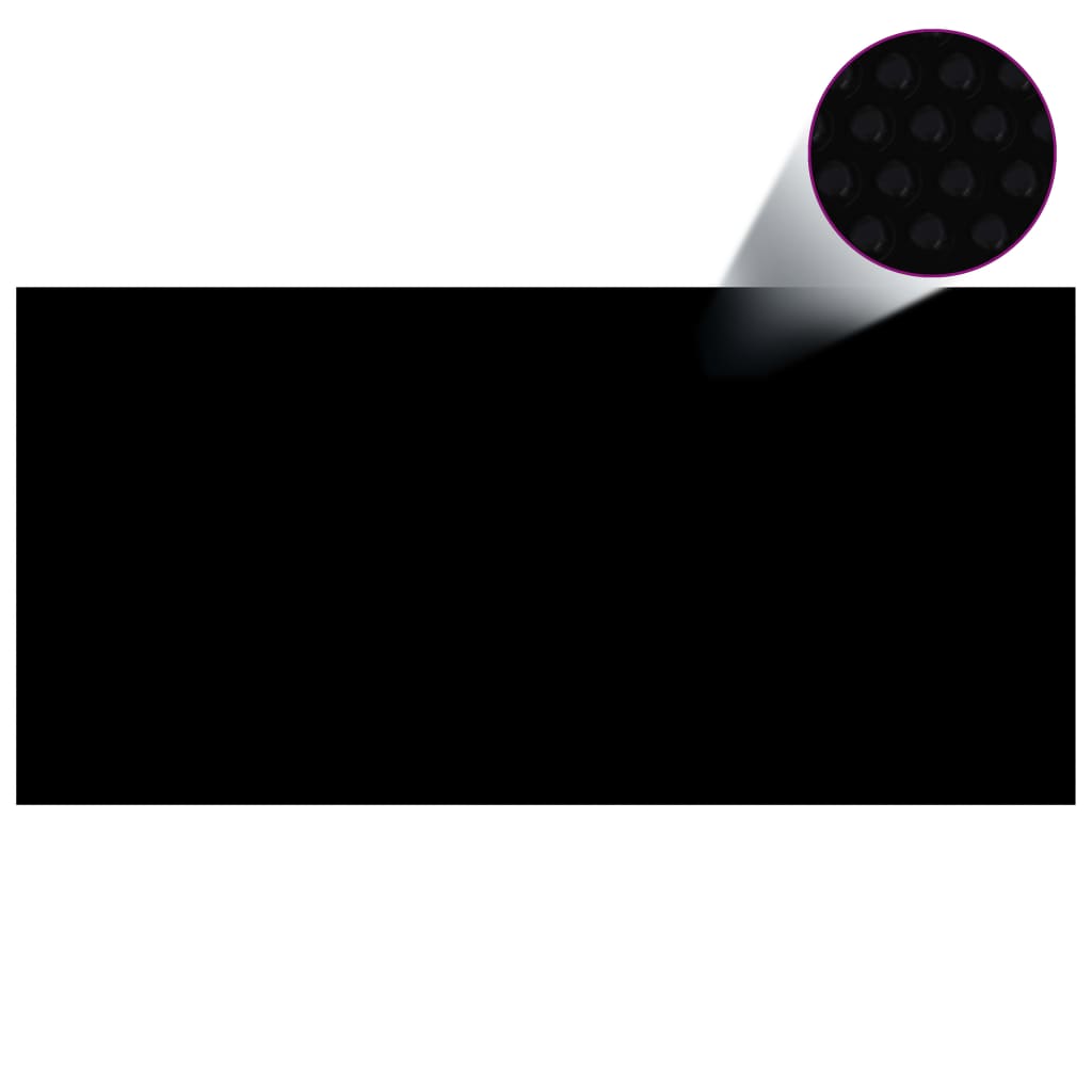 Black and blue floating PE solar pool cover film, 177.2x86.6 inches, with air chambers.