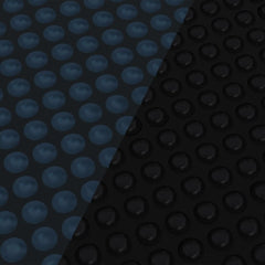 Black and blue floating PE solar pool cover film with air chambers, sized 177.2 by 86.6 inches.