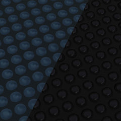 Black and blue floating solar pool cover with bubble design, sized 288.2 by 144.1 inches.