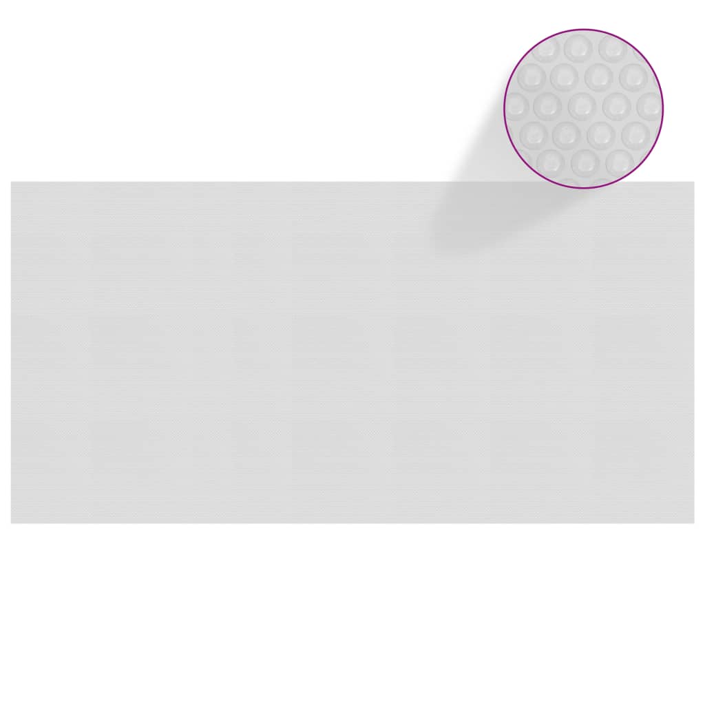 Gray floating PE solar pool cover film, 288.2 by 144.1 inches, with bubble texture detail.
