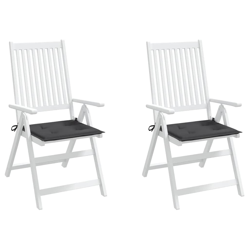 Two anthracite Oxford fabric garden chair cushions, each 15.7x15.7x1.6 inches, with ties.