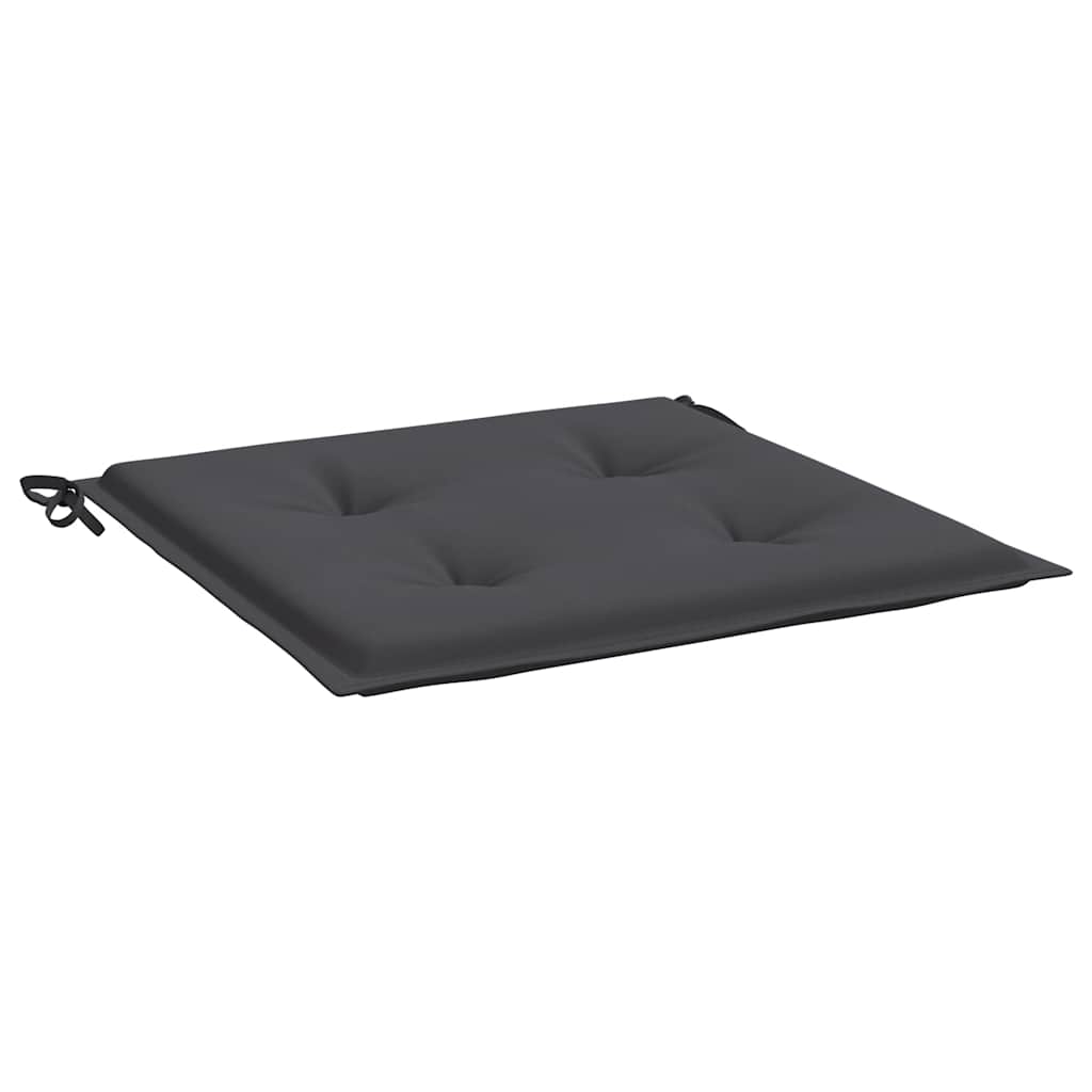 Six anthracite Oxford fabric garden chair cushions with ties and tufting.