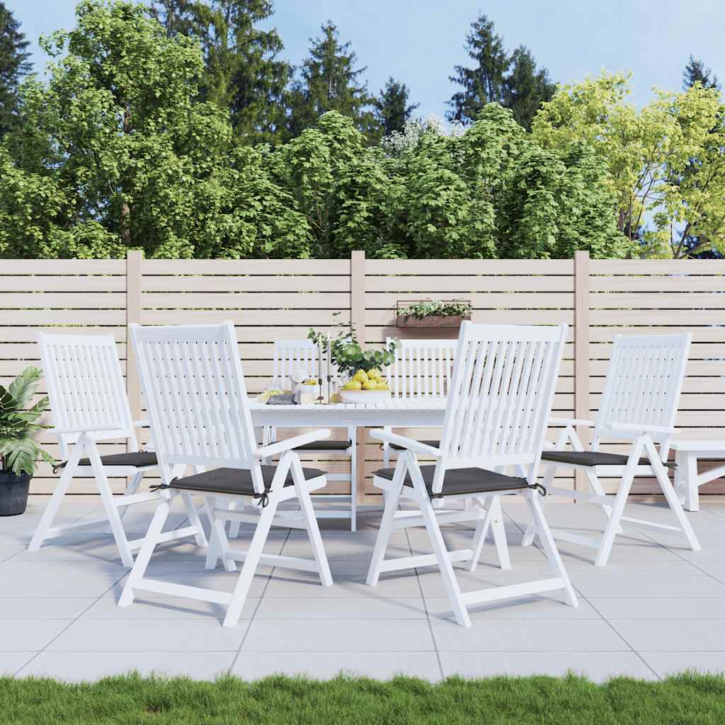 Six anthracite Oxford fabric garden chair cushions with ties, shown on white patio chairs.