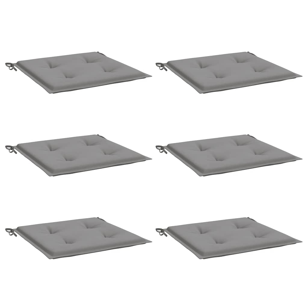 Six gray Oxford fabric garden chair cushions, each 15.7x15.7x1.6 inches with ties.