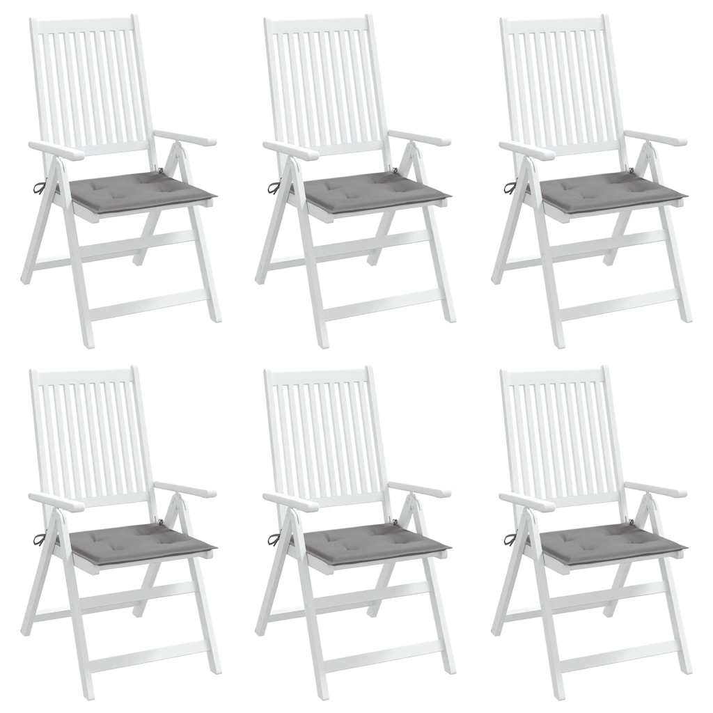 Six gray Oxford fabric garden chair cushions, each 15.7x15.7x1.6 inches, with ties.