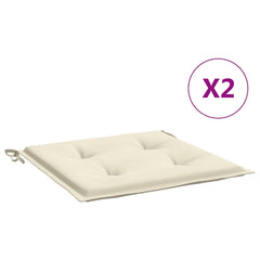 Two cream Oxford fabric garden chair cushions, 15.7x15.7x1.6 inches each, with ties.