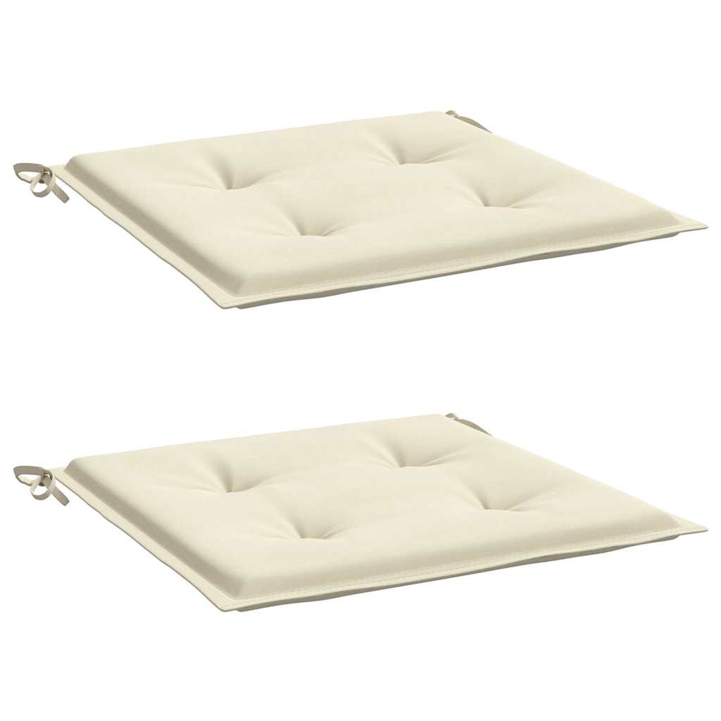 Two cream Oxford fabric garden chair cushions with ties, 15.7x15.7x1.6 inches.