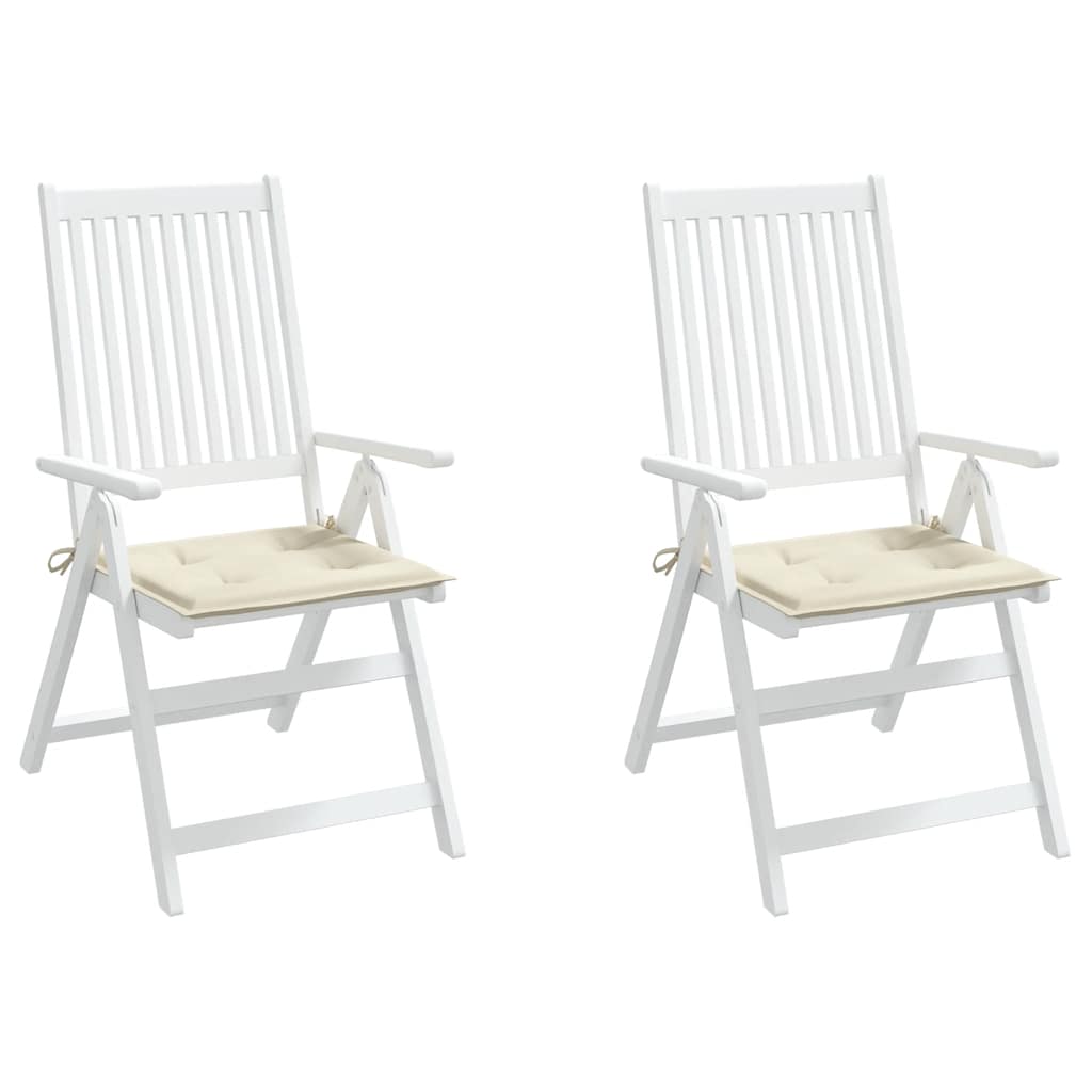 Two cream Oxford fabric garden chair cushions, 15.7x15.7x1.6in, with ties.