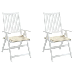 Two cream Oxford fabric garden chair cushions, 15.7x15.7x1.6in, with ties.