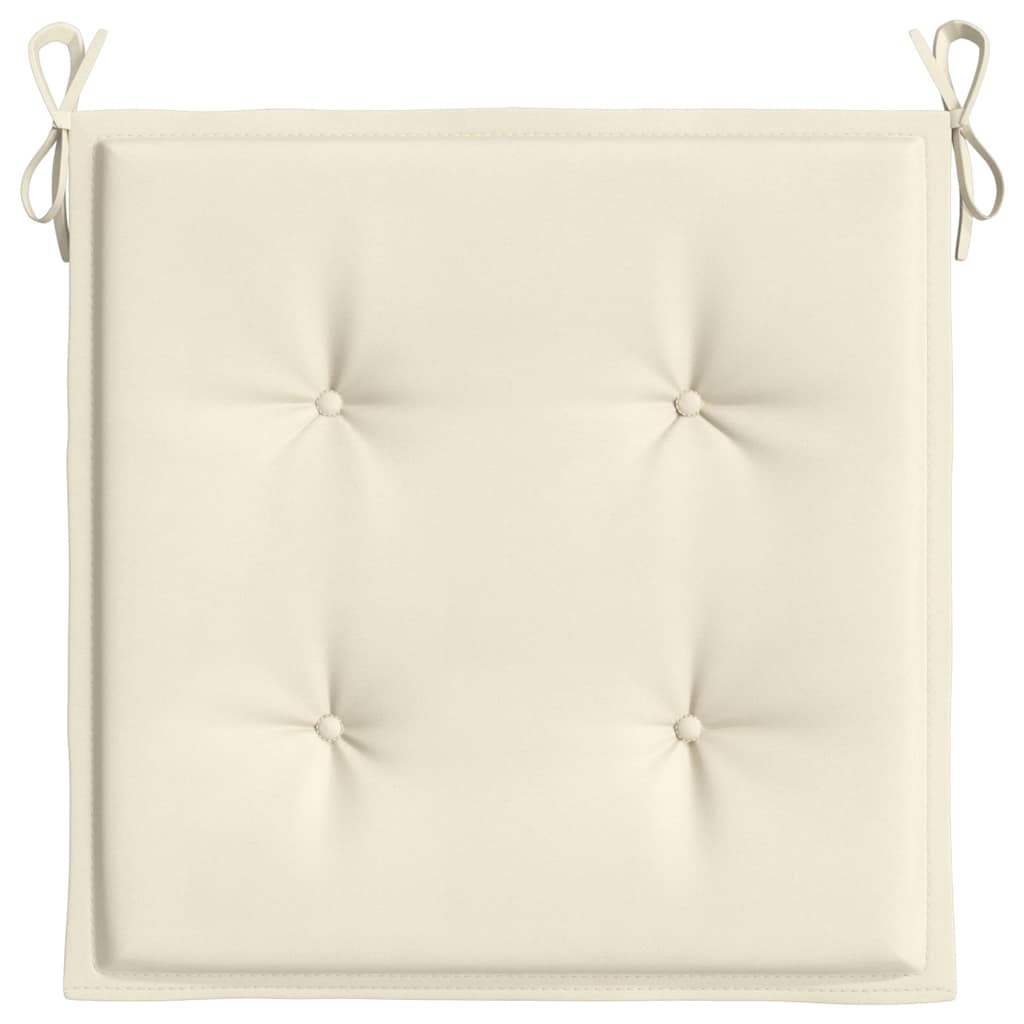 Two cream Oxford fabric garden chair cushions, each 15.7x15.7x1.6in with ties and tufted design.