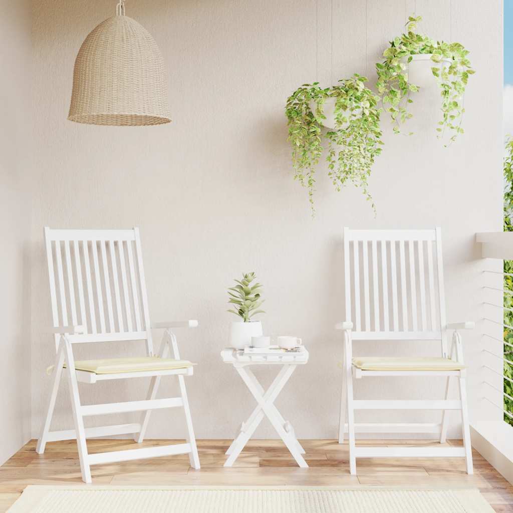 Two cream Oxford fabric garden chair cushions with ties, 15.7x15.7x1.6 inches.