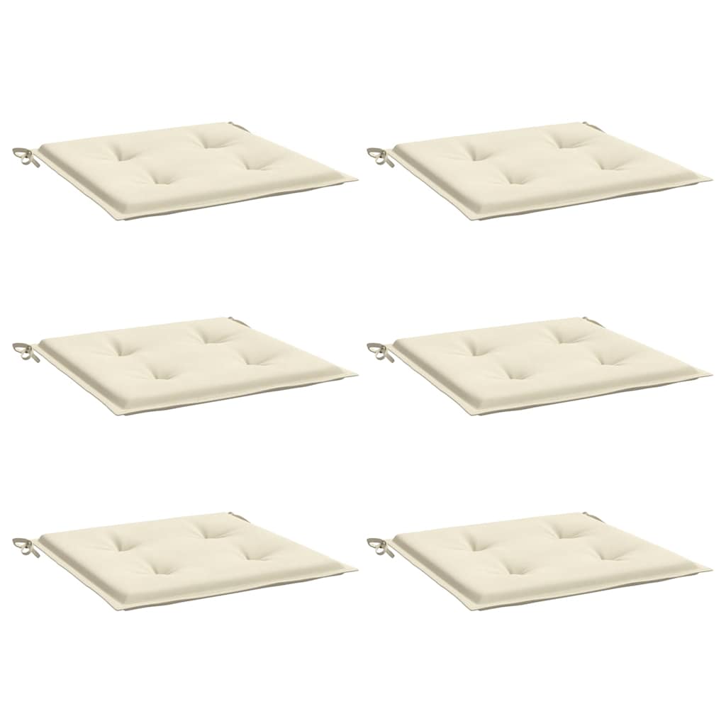 Set of six cream Oxford fabric garden chair cushions, each 15.7x15.7x1.6 inches with ties.