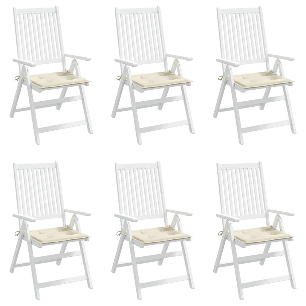 Set of six cream Oxford fabric garden chair cushions, each 15.7x15.7x1.6 inches.