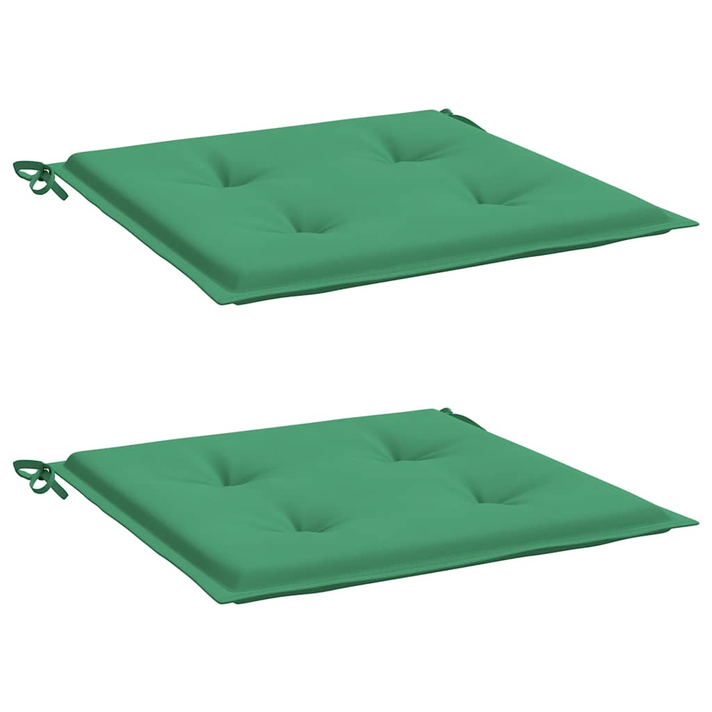 Two green Oxford fabric garden chair cushions, each 15.7x15.7x1.2 inches with tufting and tie strings.