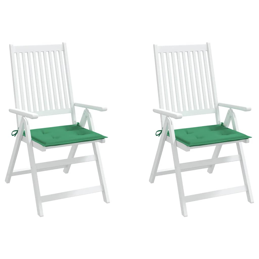 Two green Oxford fabric garden chair cushions, each 15.7x15.7x1.2 inches, with tie-on ropes.