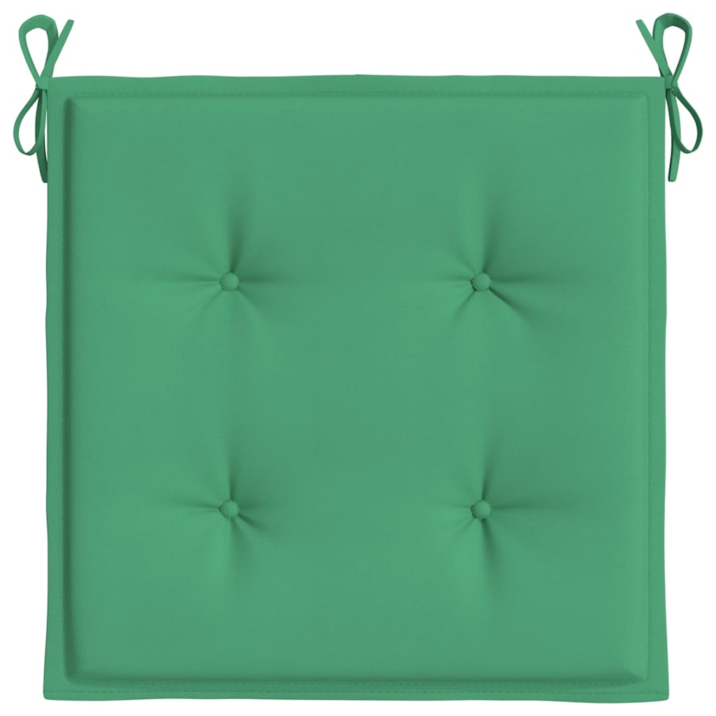 Two green Oxford fabric garden chair cushions, each 15.7x15.7x1.2 inches, with ties and tufted centers.