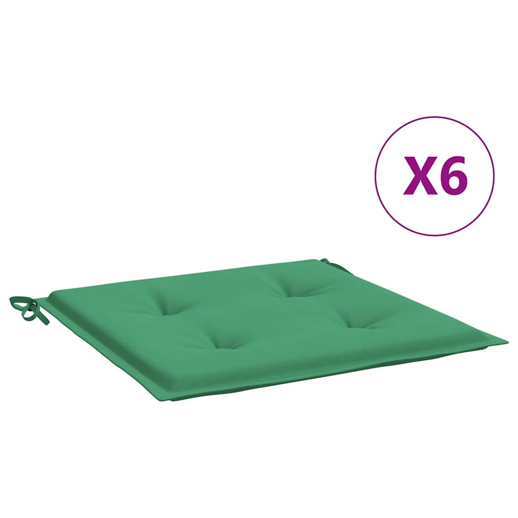 Six green Oxford fabric garden chair cushions, each 15.7x15.7x1.2 inches with ties.