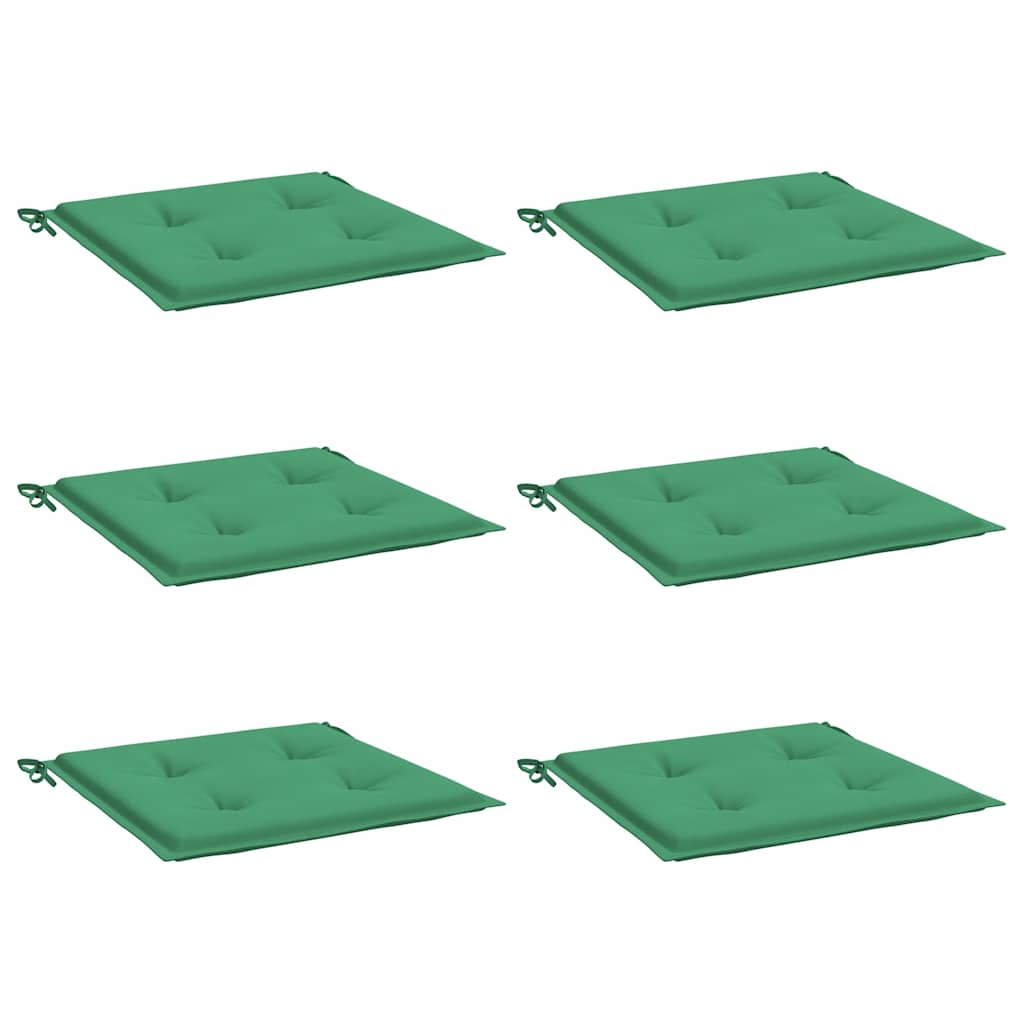 Six green Oxford fabric garden chair cushions, 15.7x15.7x1.2 inches each, with ties.