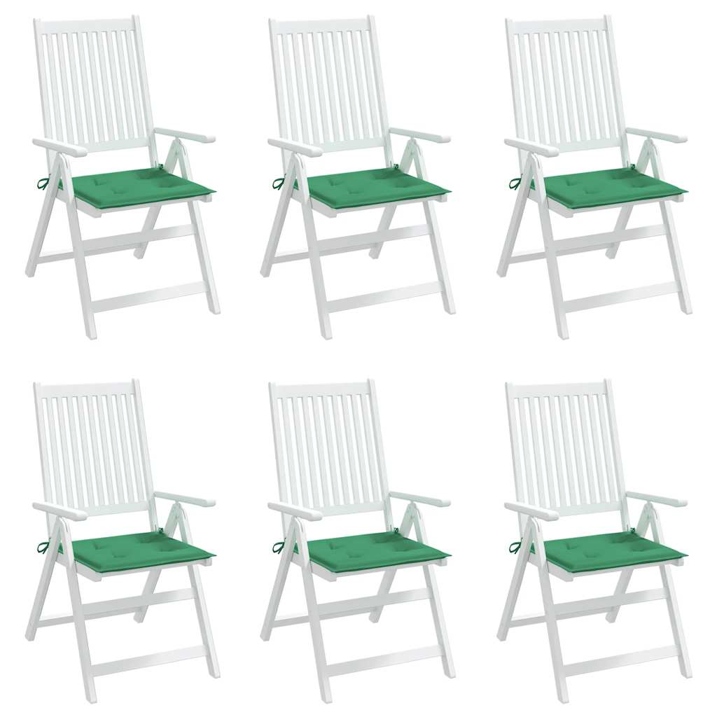 Six green Oxford fabric garden chair cushions, each 15.7x15.7x1.2 inches, with ties.