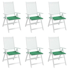 Six green Oxford fabric garden chair cushions, each 15.7x15.7x1.2 inches, with ties.