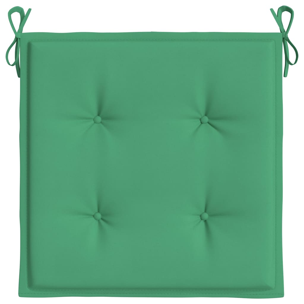 A green Oxford fabric garden chair cushion with tufted design and tie attachments, sized 15.7x15.7x1.2 inches.