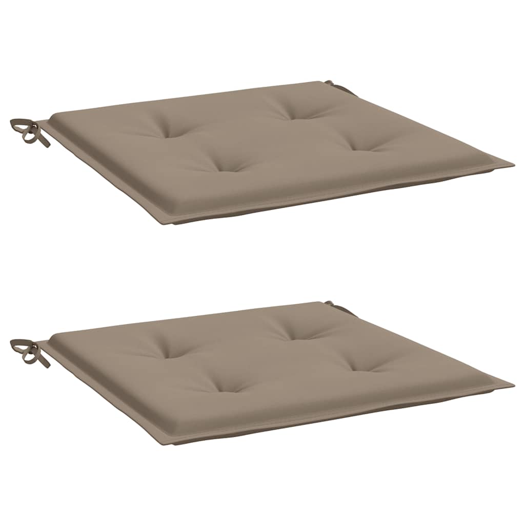 Two taupe Oxford fabric garden chair cushions with ties, 15.7x15.7x1.6 inches.
