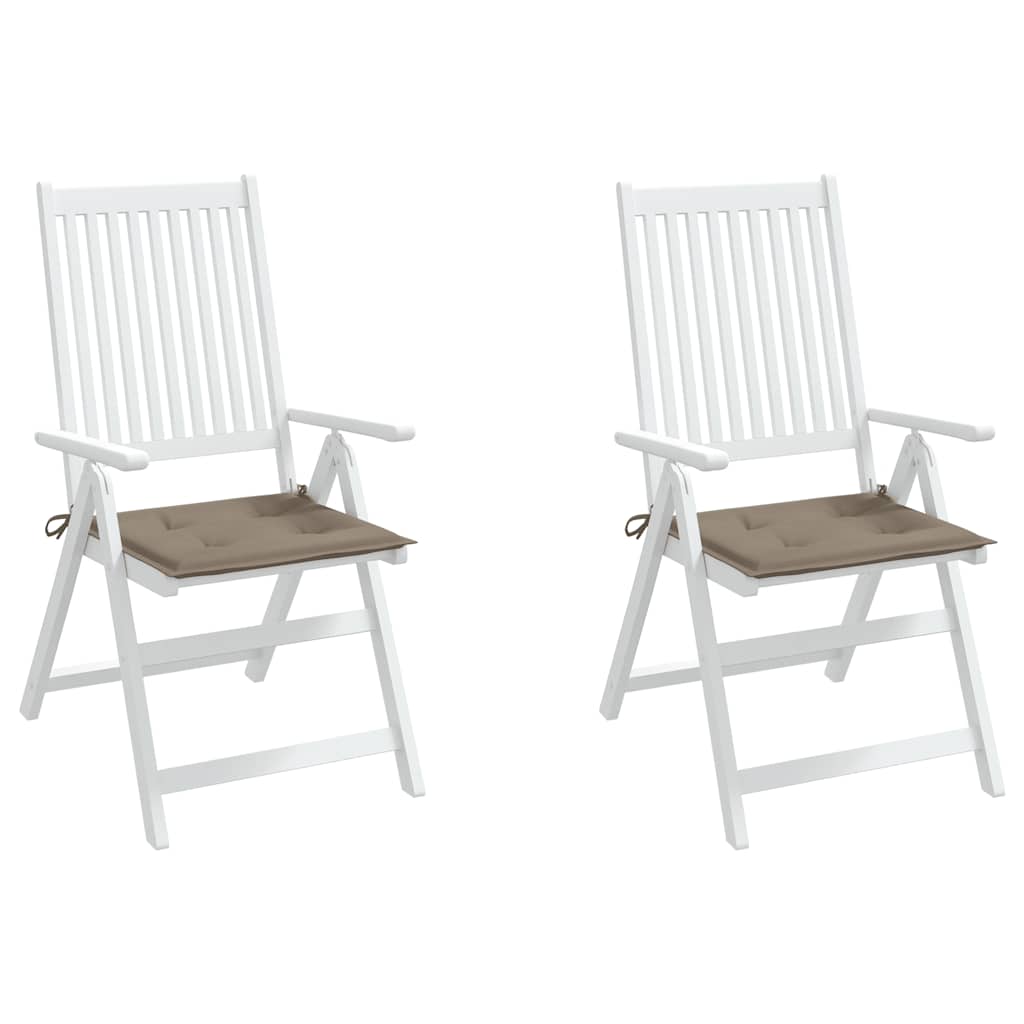 Two taupe Oxford fabric garden chair cushions, 15.7x15.7x1.6 inches each, with ties.