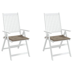 Two taupe Oxford fabric garden chair cushions, 15.7x15.7x1.6 inches each, with ties.