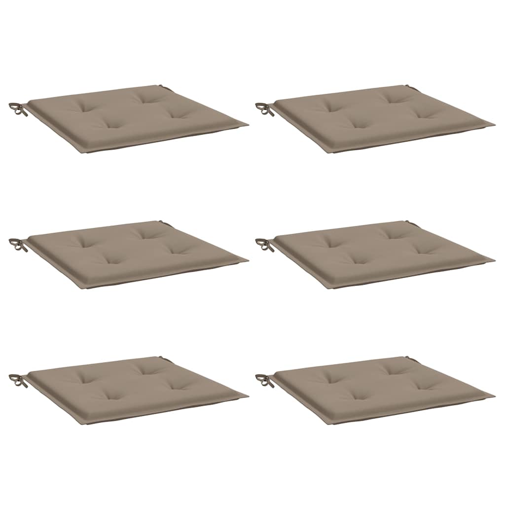 Set of six taupe Oxford fabric garden chair cushions with ties.