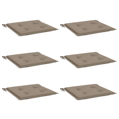 Set of six taupe Oxford fabric garden chair cushions with ties.