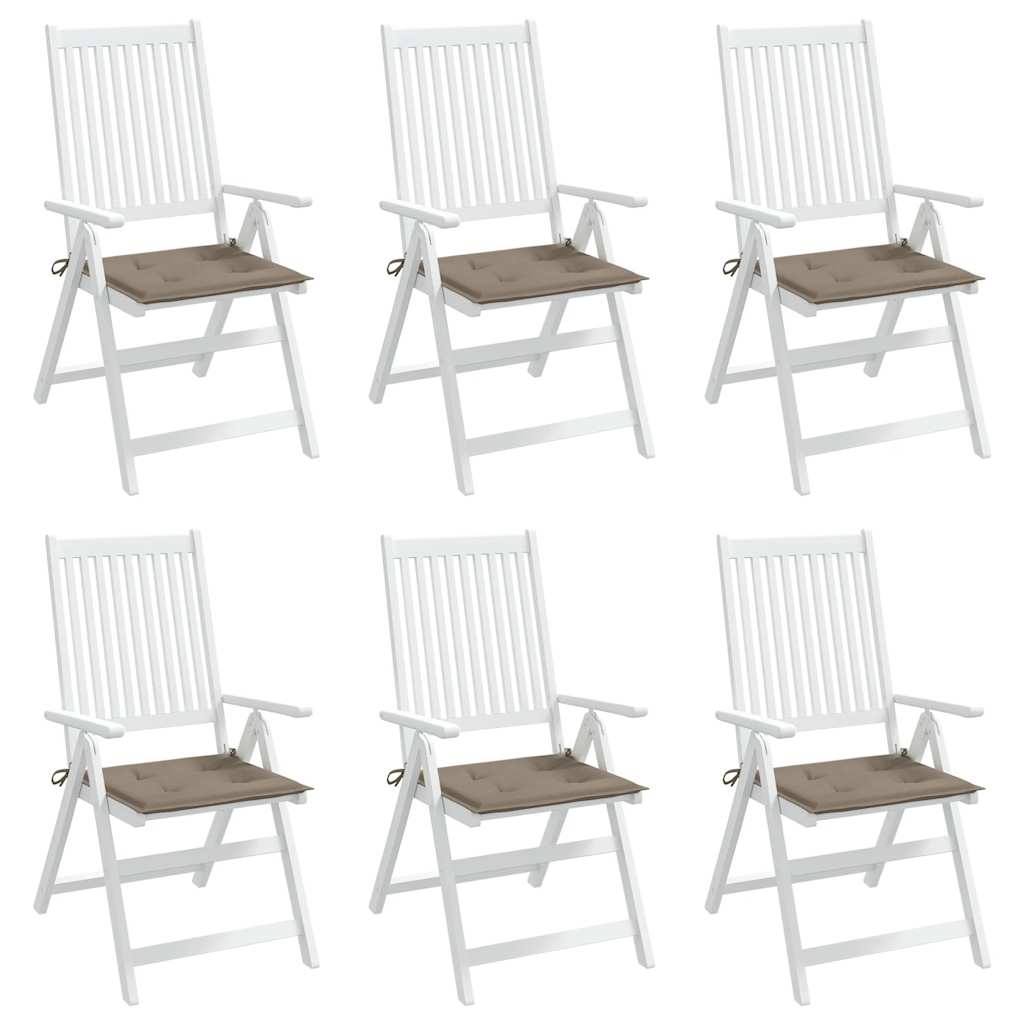 Set of six taupe Oxford fabric garden chair cushions with ties.