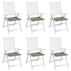 Set of six taupe Oxford fabric garden chair cushions with ties.