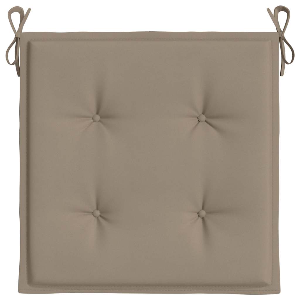 Taupe Oxford fabric garden chair cushion with tufted design and tie straps.