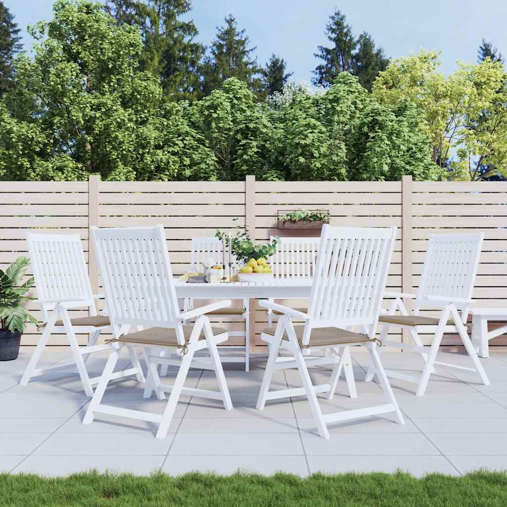Taupe Oxford fabric garden chair cushions, 6-pack, with ties for securing to patio chairs.