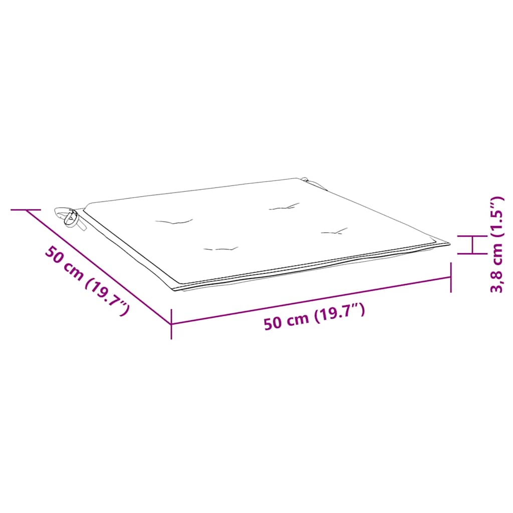 Diagram of 50 cm x 50 cm x 4 cm garden chair cushion with ties.
