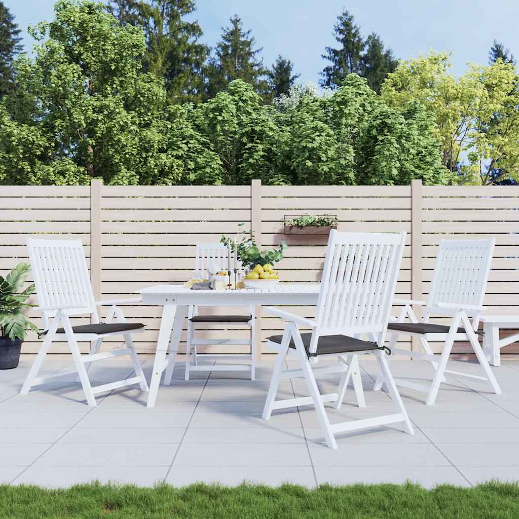 Four anthracite Oxford fabric garden chair cushions with ties, shown on white patio chairs.