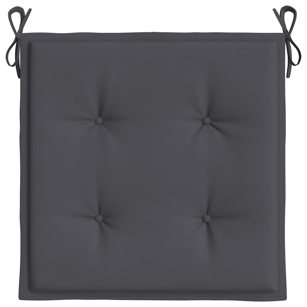 Square anthracite Oxford fabric garden chair cushions with ties and tufting.
