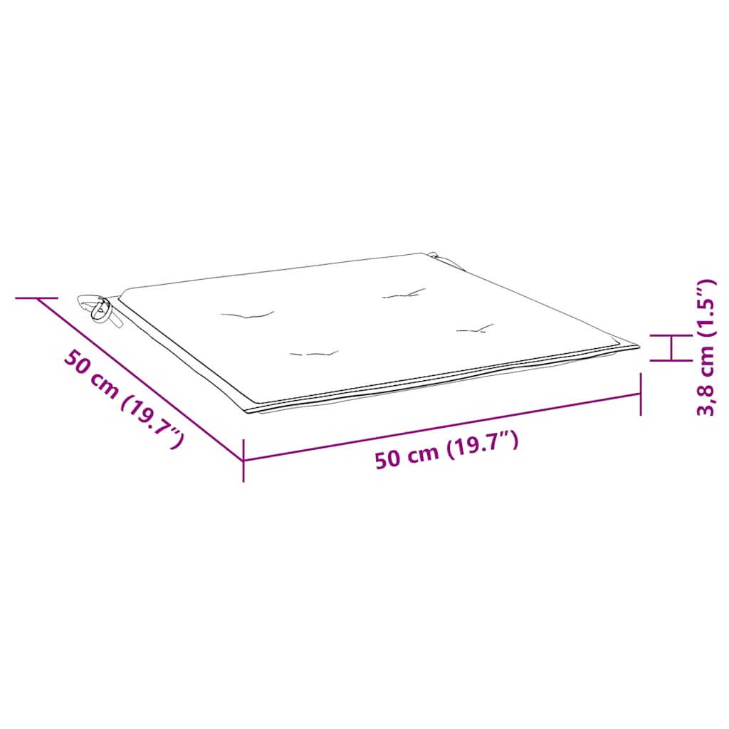 Diagram of 50 cm square garden chair cushion with ties and 4 cm thickness.