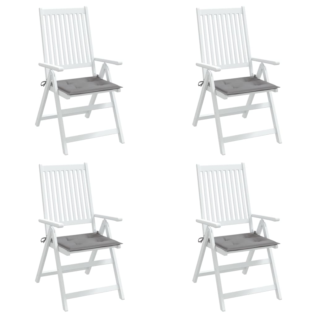 Four gray Oxford fabric garden chair cushions, each 20x20 inches, with ties.