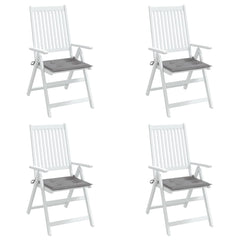 Four gray Oxford fabric garden chair cushions, each 20x20 inches, with ties.